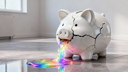 AI-generated cracked piggy bank spilling vibrant rainbow liquid on shiny floor, financial loss concept with surreal colorful money metaphor, modern economic crisis illustration.