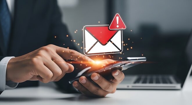 Alert notification on smartphone displaying an incoming email with a warning sign - Powered by Adobe