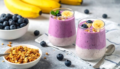Layered smoothie bowls with blueberries and bananas