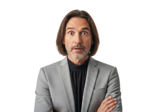 Surprised businessman with folded arms, man in gray suit, shocked expression, business portrait, isolated on transparent background