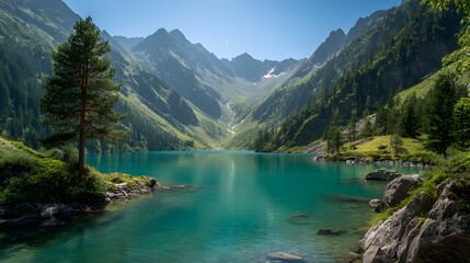Fototapeta premium Towering green mountains frame a vibrant turquoise alpine lake under a bright blue sky