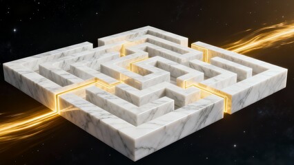 Futuristic marble maze with glowing golden light and dark space background. Generative AI.