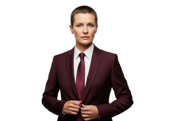 Professional businesswoman in burgundy suit, corporate portrait, confident female executive, leader, isolated on transparent background