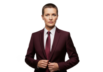 Professional businesswoman in burgundy suit, corporate portrait, confident female executive, leader, isolated on transparent background