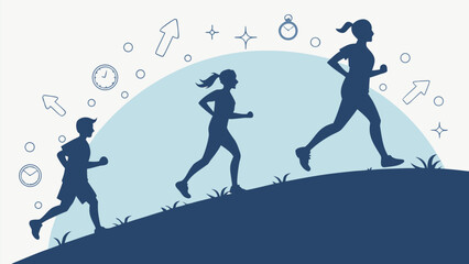 Silhouettes of people running uphill with time and direction icons in a stylized vector graphic design