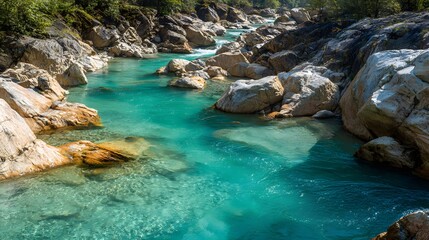 Turquoise water flows rapidly through a rocky mountain gorge under bright sunlight.