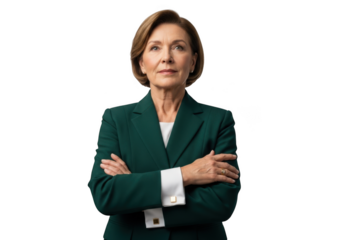 Professional senior businesswoman in green suit with arms crossed stock photo portrait image, headshot, isolated on transparent background