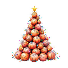 Christmas tree made of basketballs, decorated with colorful string lights and a star on top, isolated on transparent background
