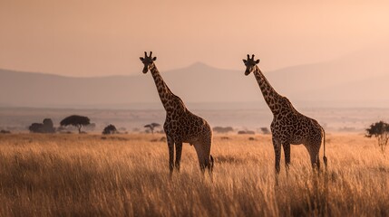 Obraz premium Two adult giraffes stand prominently in tall, sunlit savanna grass during twilight hours.