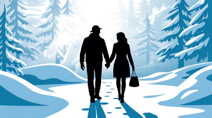 Couple holding hands walking through snowy forest winter landscape image photo