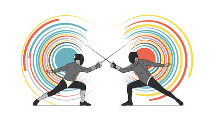 Two fencers in protective gear engage in a duel with swords, surrounded by concentric circles of color.