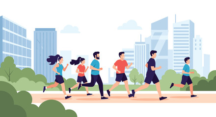 Diverse group of people jogging together through a park with city skyscrapers in the background.