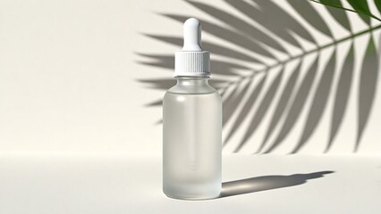 A clear glass dropper bottle casting a soft shadow on a textured surface, with a palm leaf shadow subtly overlaying the scene, suggesting skincare or beauty products