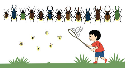 A young boy with a net catches fireflies in a field with many large beetles lined up above.