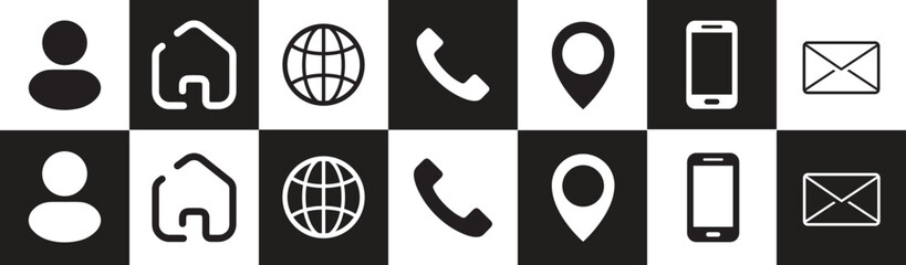 Modern Black and White Business Cards Icons Set: User, Home, Globe, Phone, Location, Mobile, Email Vector Symbols Grid