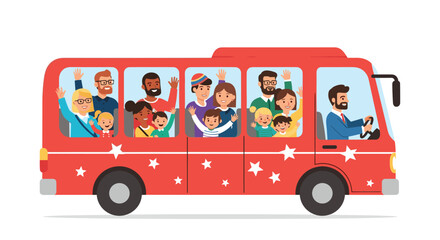 Diverse group of people waving from windows of a red tour bus on a white background.