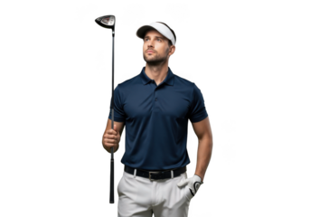 Professional golfer holding club looking upward golf sport athlete player isolated photo on transparent background