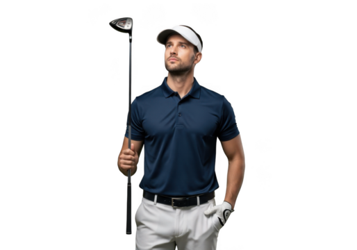 Professional golfer holding club looking upward golf sport athlete player isolated photo on transparent background