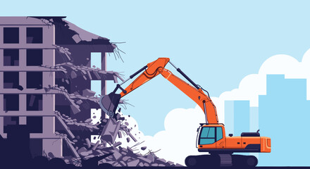 Orange excavator demolishes a multi-story building in a city setting.