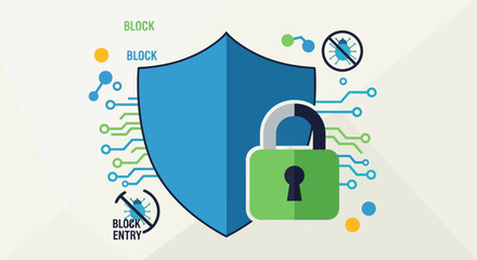 Fototapeta premium Digital security concept illustration featuring a blue shield and green padlock protecting against cyber threats and viruses.