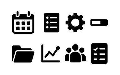 Set of black project management and productivity icons including calendar, checklist, settings, progress bar, folder, growth chart, team, and check mark. Flat icon style