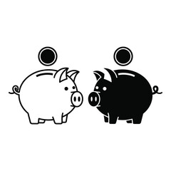 Piggy bank savings icons contrasting black and white for financial concepts silhouette
