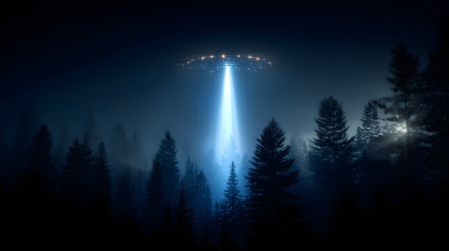 Unidentified flying object hovers above dense forest canopy casting a bright beam of light downwards at night