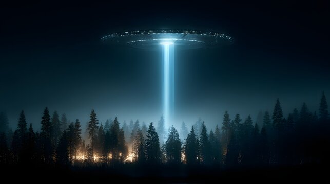 Unidentified flying object hovers over dark forest emitting a bright beam of light