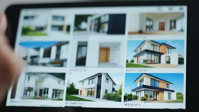 a person scrolls through images of modern houses on a tablet screen, searching for rental real estate