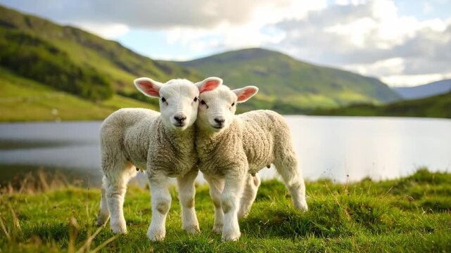 Two cute lambs in a green pasture with mountains, lake, and sky in the background on a sunny day.