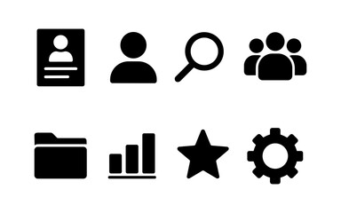 Set of black HR and recruitment icons including CV, user profile, magnifying glass, team, folder, growth chart, star, and gear. Flat icon style