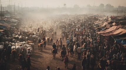 Massive open air livestock market bustles with people and animals under hazy sunlight