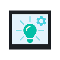 Cyan Light Bulb and Gear Icon in Polaroid Frame