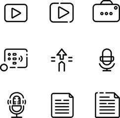 Media and Document Silhouette Vector Featuring Play Buttons, Microphones, Upload Arrows, Files, and Signal Icons
