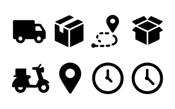 Set of black delivery and logistics icons including truck, package, location, scooter, and clock. Flat icon style