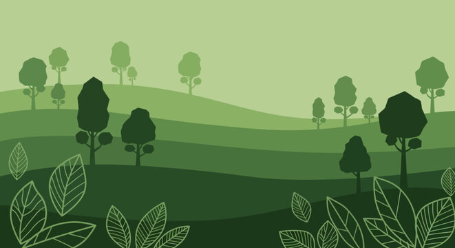 Serene and calming vector landscape illustration of green rolling hills and leafy trees