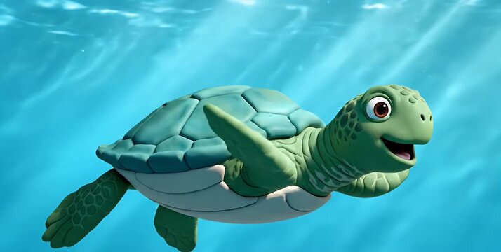 Cartoon sea turtle swimming in blue ocean water.