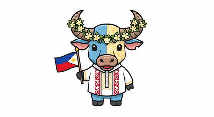 Cute Filipino carabao character in traditional attire with a flower crown, proudly waving the flag of the Philippines