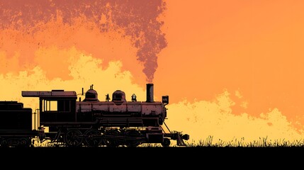 Steam locomotive silhouettes against a dramatic, richly colored sunset sky