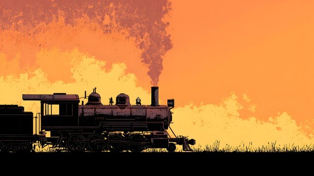Steam locomotive silhouettes against a dramatic, richly colored sunset sky