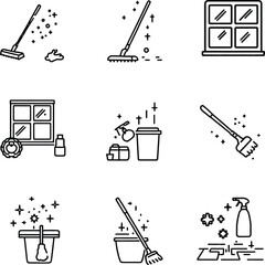 Cleaning Icon Silhouette Vector Featuring Mop, Bucket, Spray Bottle, Window, Trash Bin, Toilet Brush, and Sparkles
