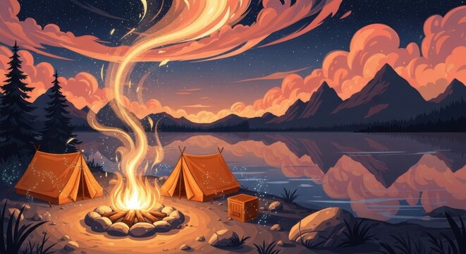 Magical campfire scene with tents under starry skies reflecting on lake
