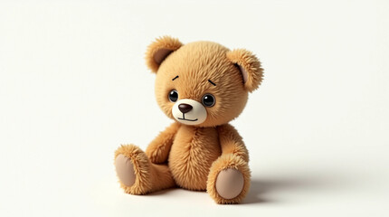Obraz premium Charming teddy bear sitting on a white background, its endearing eyes and fluffy fur evoking a sense of playfulness and joy, ideal for representing themes of friendship and companionship