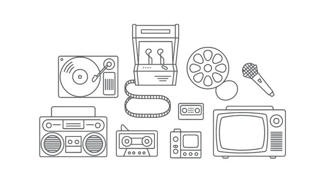 Nostalgic retro entertainment icons bring back the 80s with a vintage record player, arcade game, boombox, and television, perfect for a throwback theme