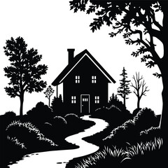 Countryside House Silhouette Vector Featuring Trees, Bushes, Chimney, Windows, and Winding Path in Peaceful Line Art