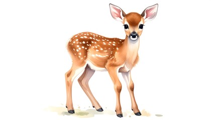 A young deer with spotted fur stands facing forward against white