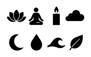 Set of black meditation and mindfulness icons including lotus flower, person meditating, candle, cloud, moon, water drop, wave, and leaf. Flat silhouette style