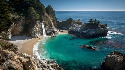Cascading waterfall meets secluded sandy cove surrounded by rugged coastal cliffs and deep blue ocean