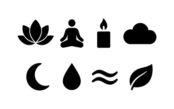 Set of black meditation and mindfulness icons including lotus flower, person meditating, candle, cloud, moon, water drop, wave, and leaf. Flat silhouette style