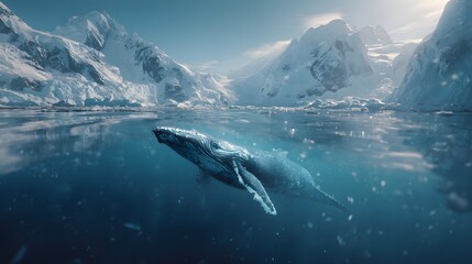 Large marine mammal swims just below the surface in frigid polar waters surrounded by glaciers